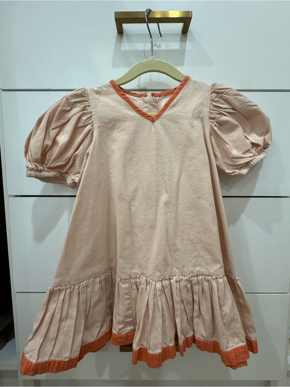 Girls' Blush Puff-Sleeve Dress with Orange Trim